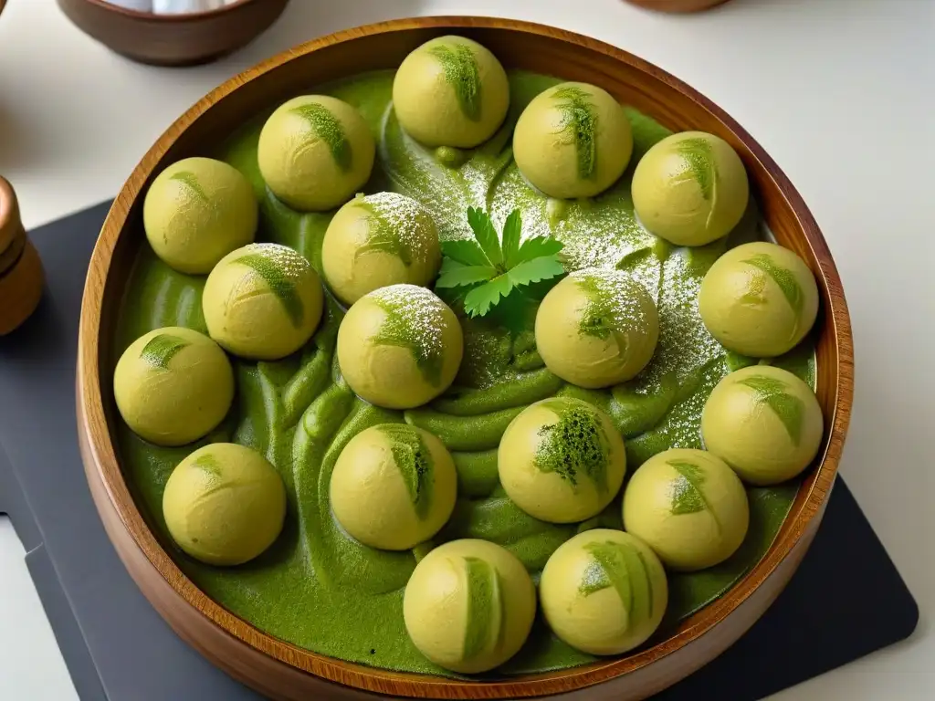 Deliciosos dango japoneses caseros con matcha y salsa mitarashi en cuenco de madera