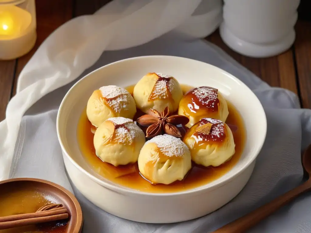 Deliciosos Golden Syrup Dumplings caseros bañados en jarabe dorado, presentados con elegancia en un bol blanco sobre una mesa de madera