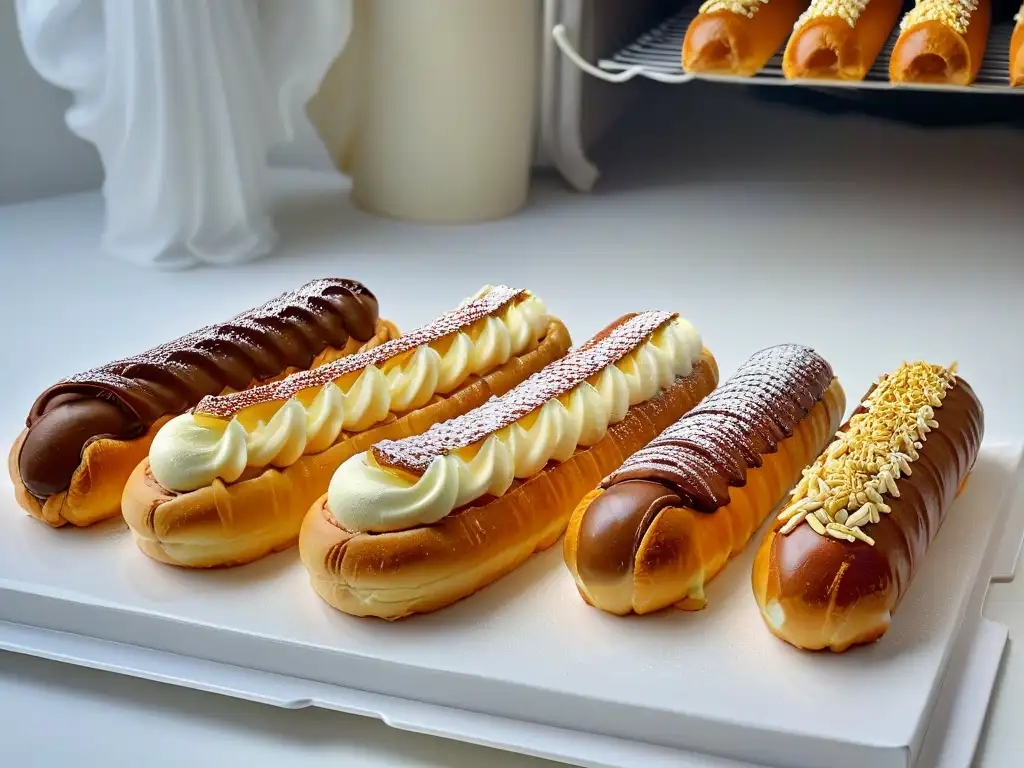 Deliciosos éclairs dorados enfriándose, detalle y calidez