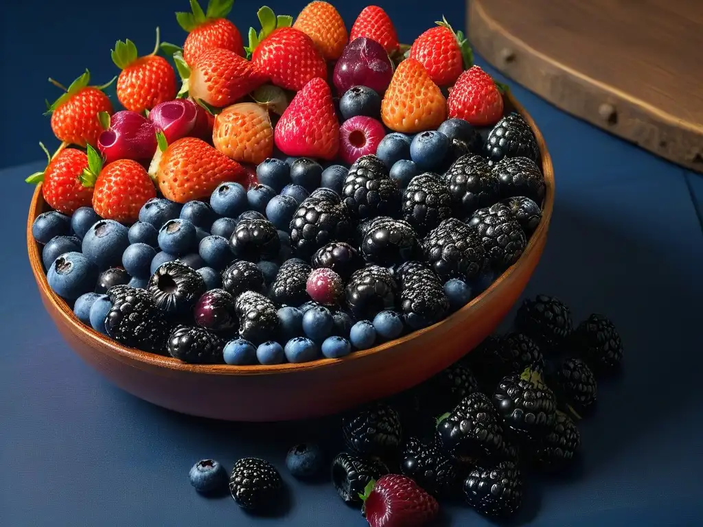 Deliciosos frutos rojos en degradado natural: fresas, arándanos y moras frescas