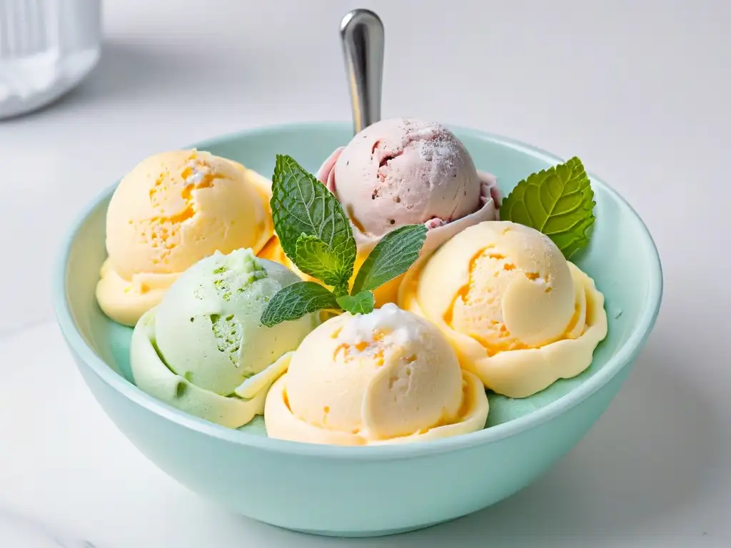 Deliciosos helados caseros diabéticos en tonos pastel, decorados con menta y nueces, en un elegante recipiente de cristal