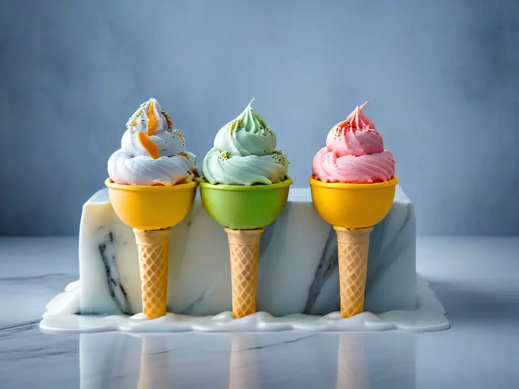 Deliciosos helados caseros en divertidos colores y sabores, sobre elegante encimera de mármol