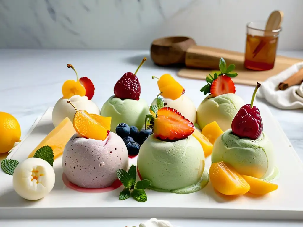 Deliciosos helados caseros sin gluten, decorados con frutas frescas y hojas de menta, presentados elegantemente en una tabla de mármol