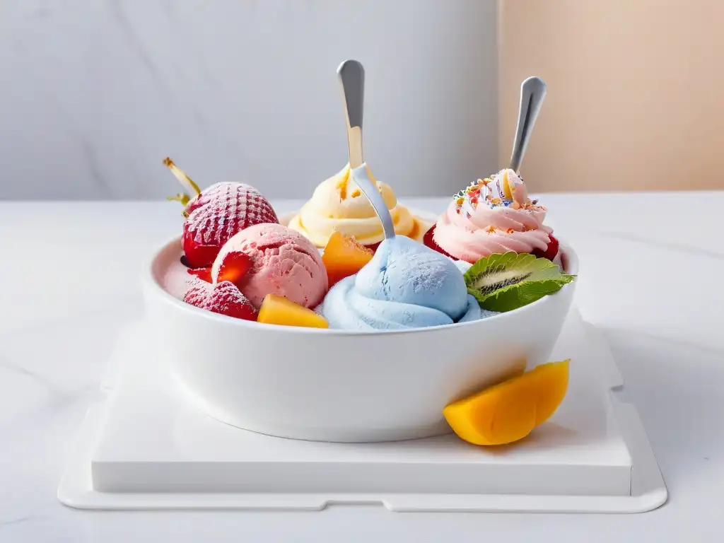 Deliciosos helados caseros en sabores únicos y coloridos con frutas frescas y chispas en mármol blanco