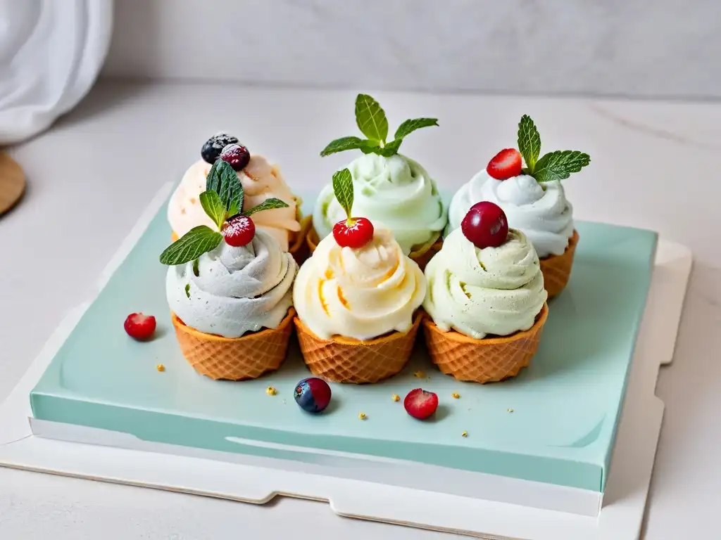 Deliciosos helados caseros saludables con frutas y menta en elegante presentación en cocina moderna