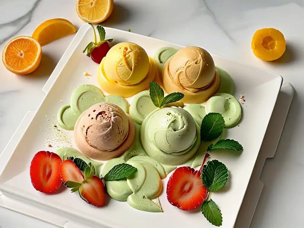 Deliciosos helados caseros saludables adornados con frutas frescas y miel, en elegante encimera de mármol