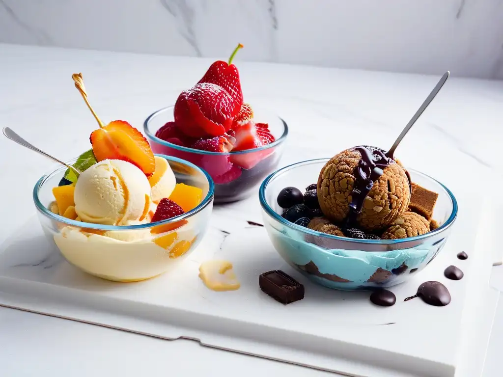 Deliciosos helados caseros en vibrantes colores y sabores, decorados con frutas frescas y chocolate