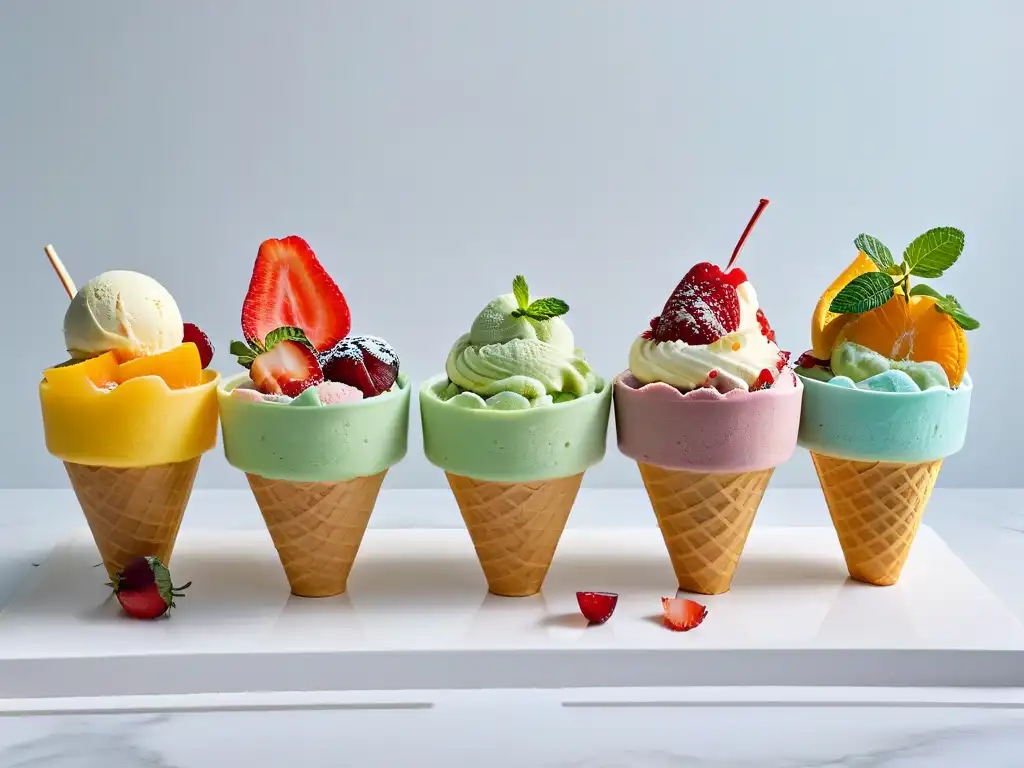 Deliciosos helados veganos caseros con frutas frescas y menta en elegante presentación sobre mármol blanco