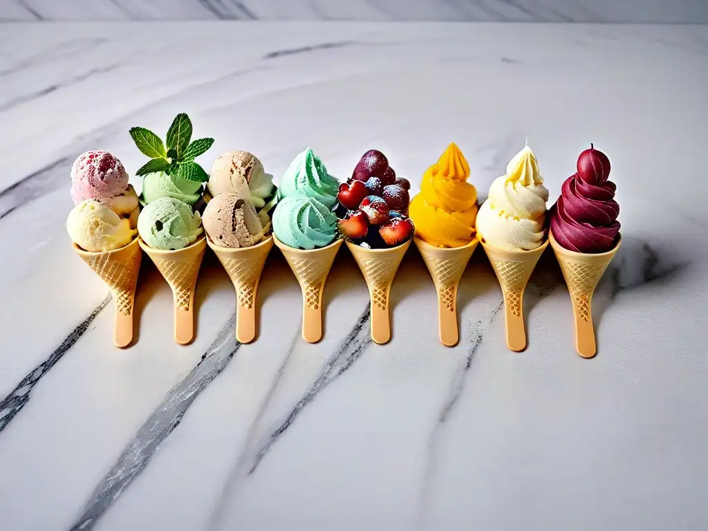 Deliciosos helados veganos caseros en fila, decorados con hojas de menta y frutas, sobre mármol