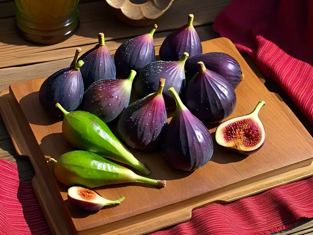 Deliciosos higos maduros en tabla de madera, bañados por luz natural