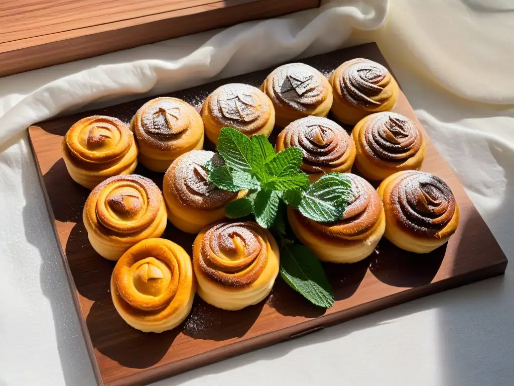 Deliciosos Mandazi recién horneados en un plato de madera rústico, decorados con azúcar glass y hojas de menta