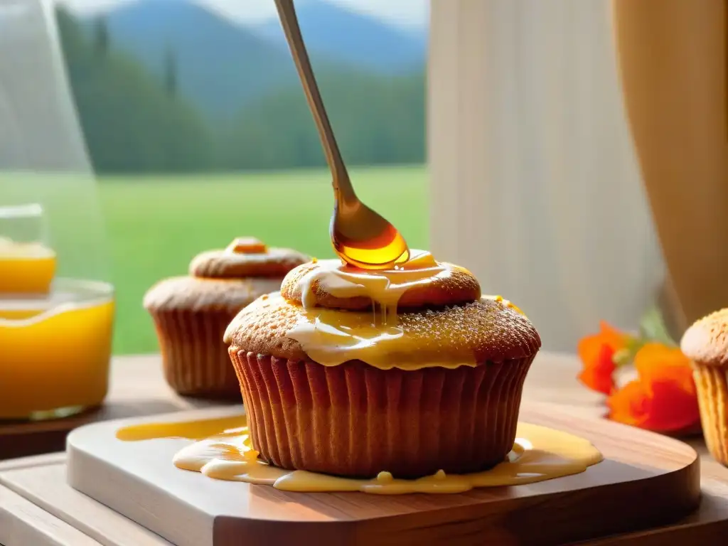 Deliciosos muffins integrales bañados en miel dorada con un dipper, sobre una mesa rústica