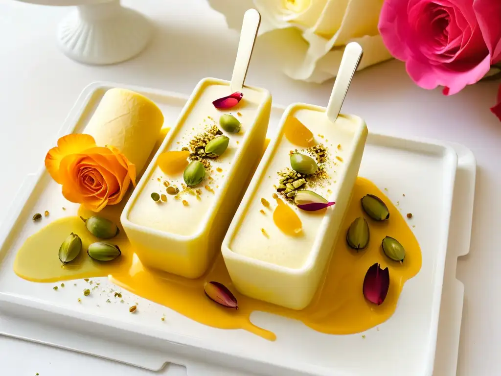 Deliciosos kulfi caseros con pistachos, azafrán y rosas en bandeja de plata, creando una imagen apetitosa y elegante