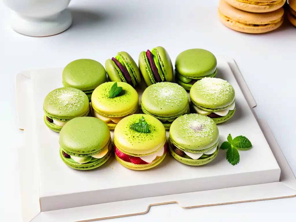 Deliciosos macarons caseros saludables con sabores innovadores como té verde matcha, frambuesa chía y coco lima en elegante presentación