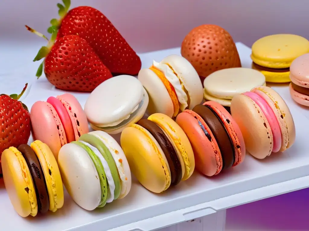 Deliciosos macarons sin gluten en una elegante presentación sobre mármol blanco