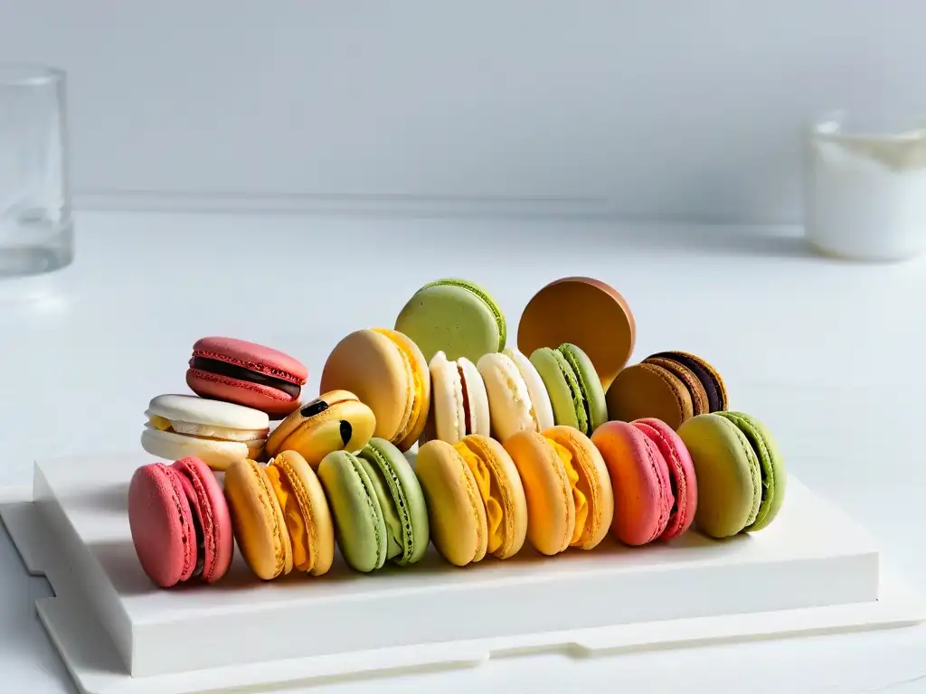 Deliciosos macarons saludables de colores vibrantes sobre mesada de mármol blanco