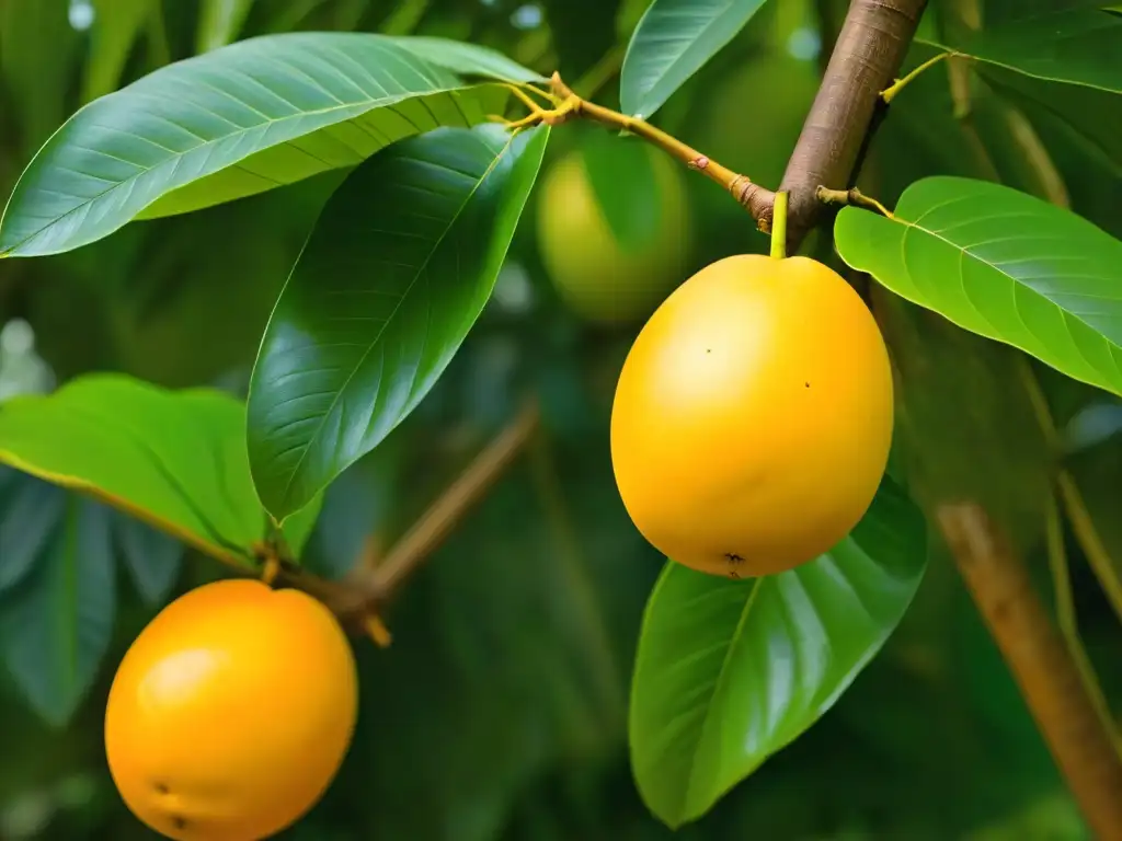 Deliciosos mangos maduros sobre hojas verdes tropicales, bañados por la luz del sol