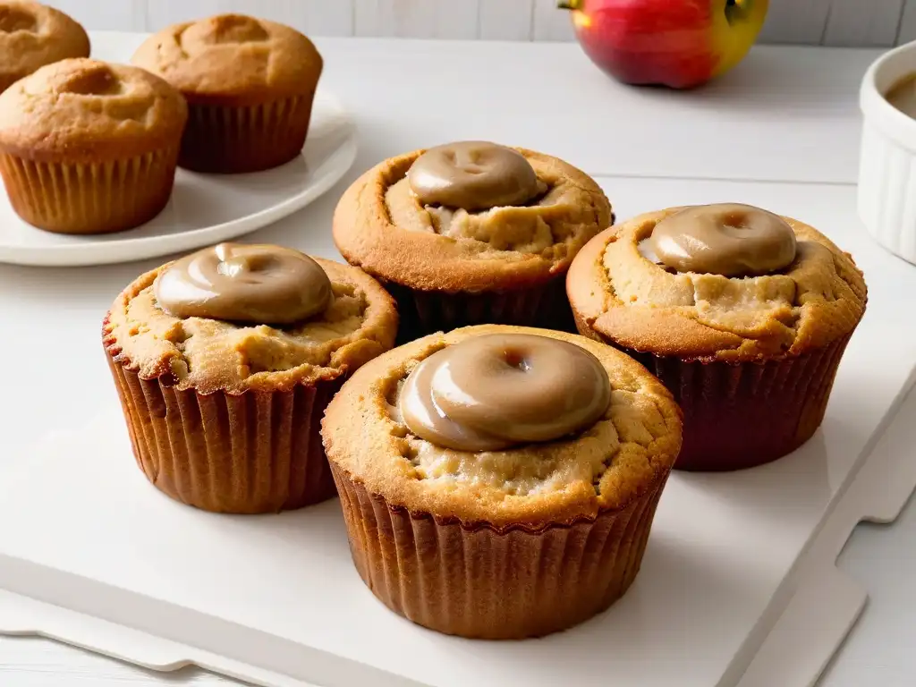 Deliciosos muffins de manzana con salsa casera: detalle ultra realista Deliciosos muffins de manzana con canela y puré casero, resaltando su textura húmeda y costra dorada, sobre fondo blanco