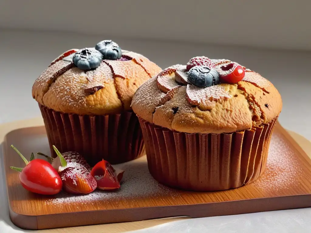 Deliciosos muffins recién horneados con jugosas bayas de goji, resaltando los beneficios goji berries repostería