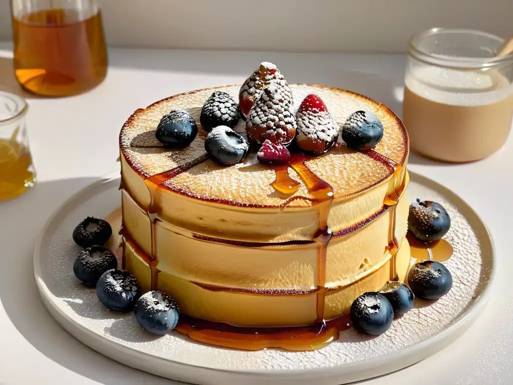 Deliciosos pancakes con sirope dorado y frutas frescas Deliciosos pancakes esponjosos con jarabe de arce dorado y frutas frescas, recetas dulces con jarabe de arce
