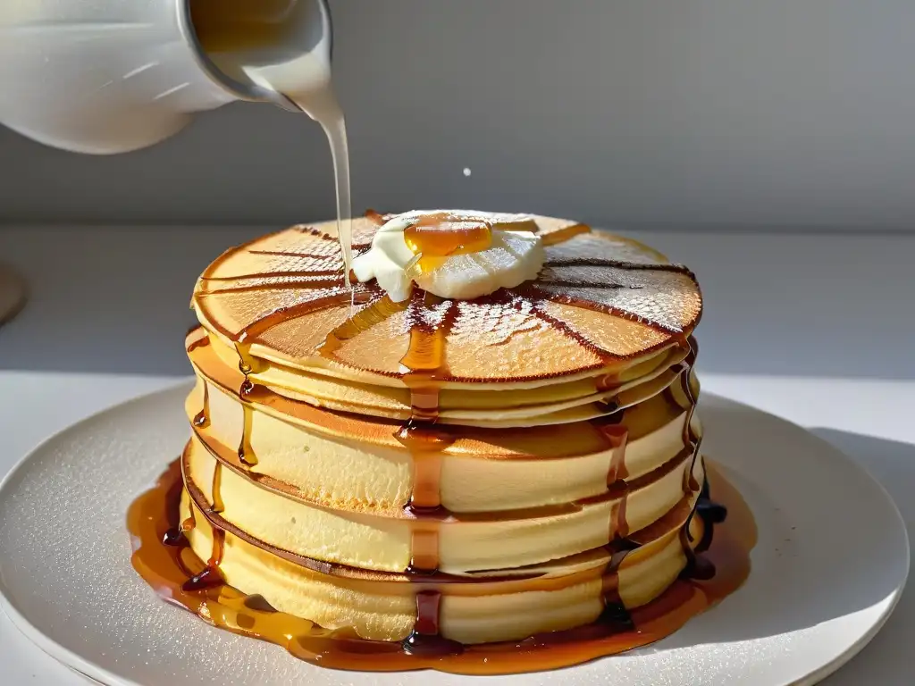 Deliciosos pancakes con jarabe de arce brillante, una tentadora receta para disfrutar al máximo