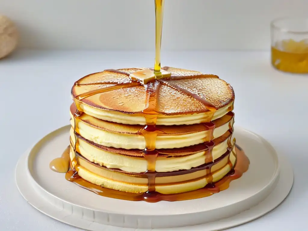 Deliciosos pancakes con sirope de arce dorado Deliciosos pancakes con jarabe de arce, detalle y sabor en cada burbuja y gota
