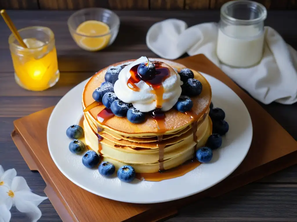 Deliciosos pancakes con jarabe de arce, arándanos frescos y crema batida en plato blanco sobre fondo de madera