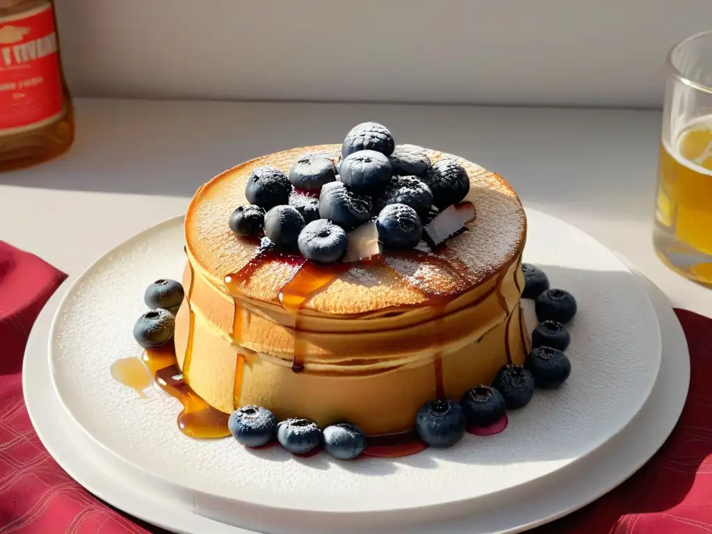 Deliciosos pancakes con jarabe de arce, bayas y un toque dorado, invitando a saborear