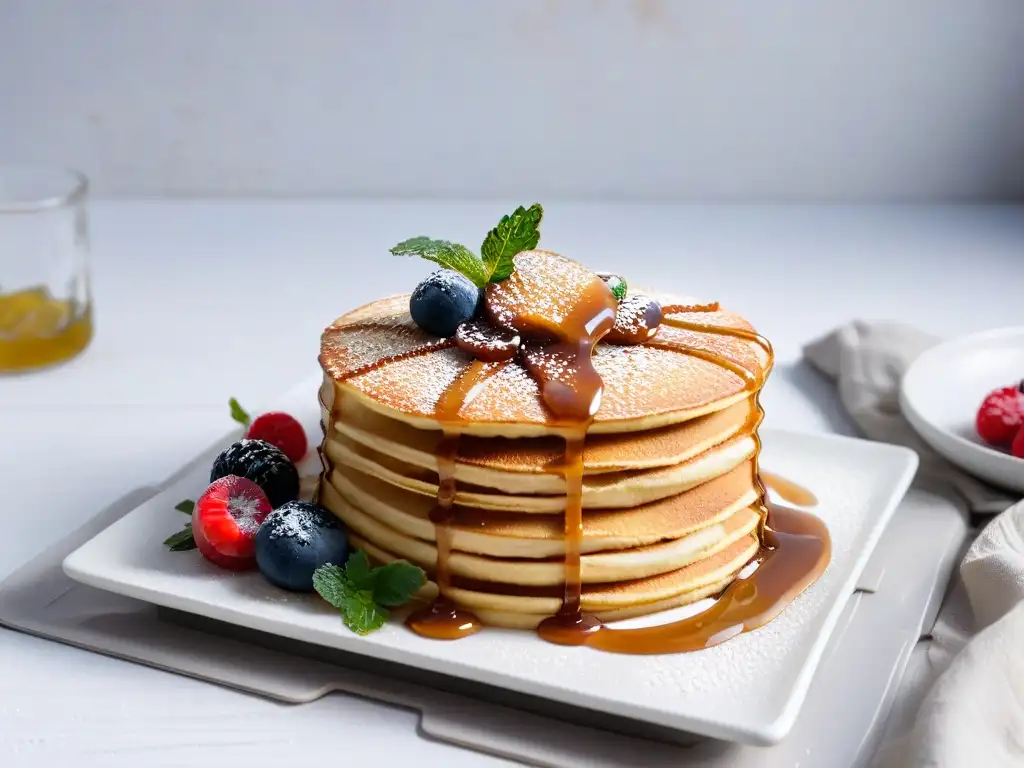 Deliciosos pancakes veganos con caramelo de leche condensada, bayas frescas y hojas de menta en un plato blanco moderno