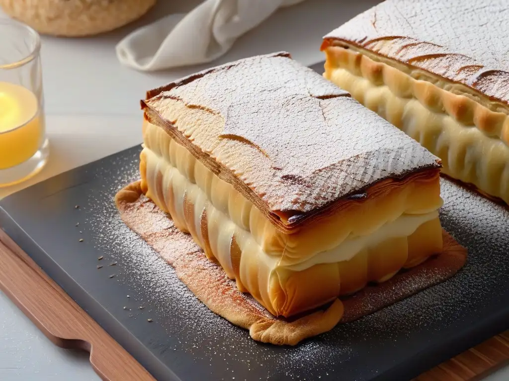 Deliciosos Pasteles de Belem recién horneados con capas crujientes, color dorado y un toque de canela y azúcar en polvo