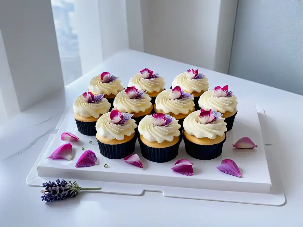 Deliciosos postres con aromaterapia seductora en una moderna cocina con cupcakes de lavanda y pétalos de rosa