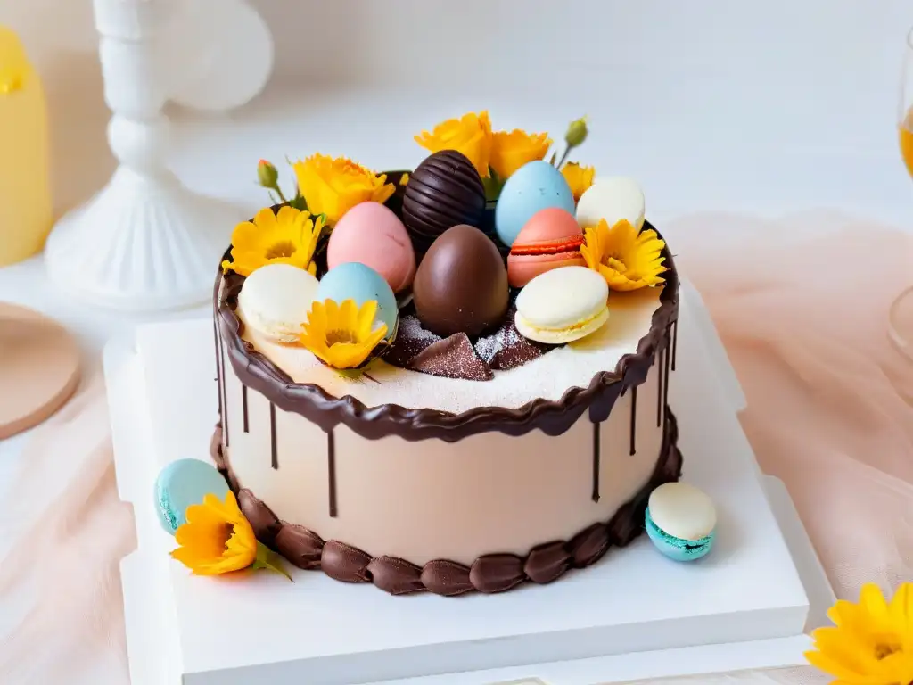 Deliciosos postres de Pascua con decoración creativa de chocolate y macarons en una elegante mesa de mármol blanco