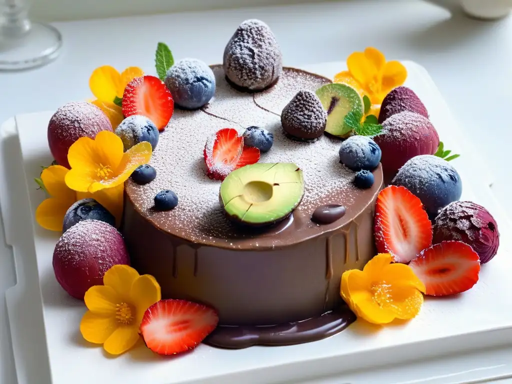 Delicias crudas y saludables: postres vibrantes y exquisitos Deliciosos postres raw con frutas, mousse de aguacate y bolitas de coco, decorados con flores comestibles y cacao