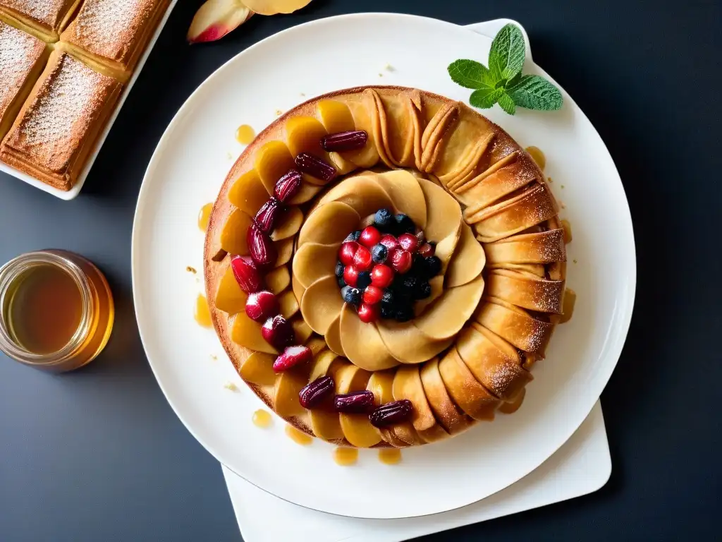 Deliciosos postres de Rosh Hashaná con pastel de miel, strudel de manzana y pasteles de granada, presentados de forma elegante en plato blanco moderno