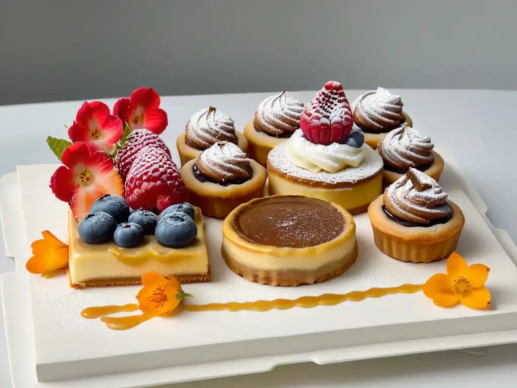 Deliciosos postres icónicos de Canadá, elegantemente presentados con bayas frescas y flores comestibles