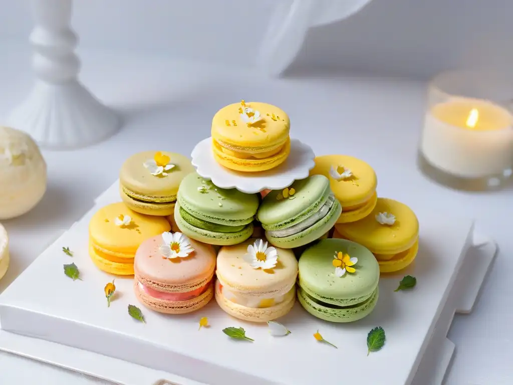 Deliciosos postres de Pascua resurrección, macarons pastel en plato blanco con detalles florales