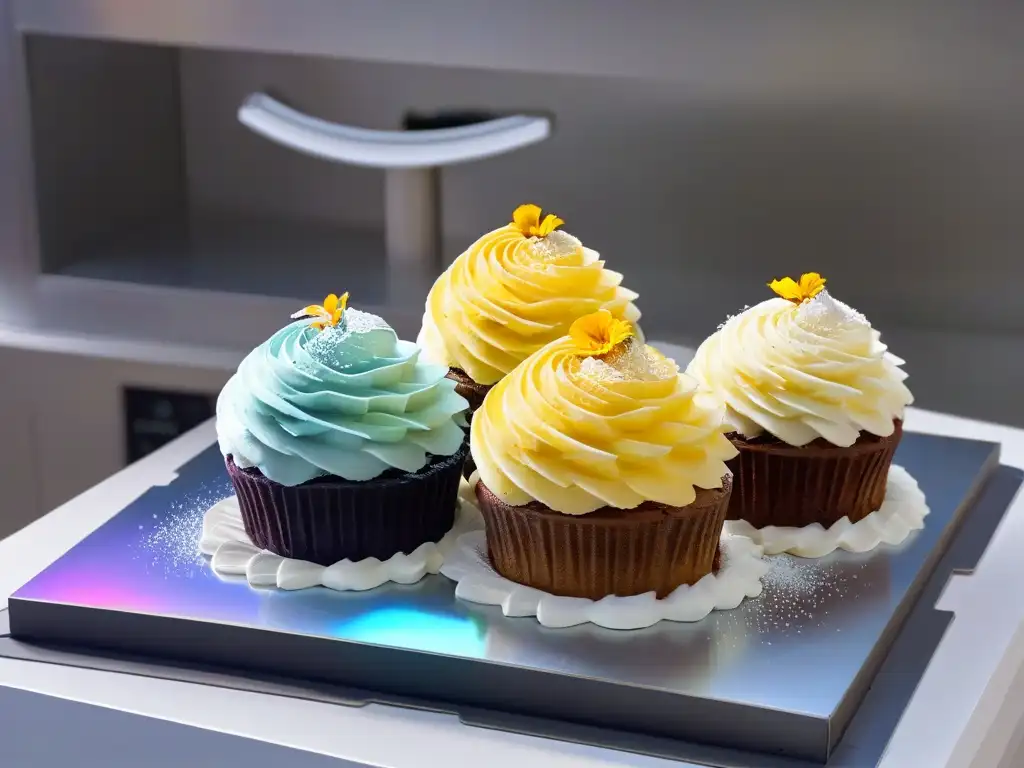 Deliciosos postres de Realidad Aumentada en repostería en una encimera de cocina moderna y futurista