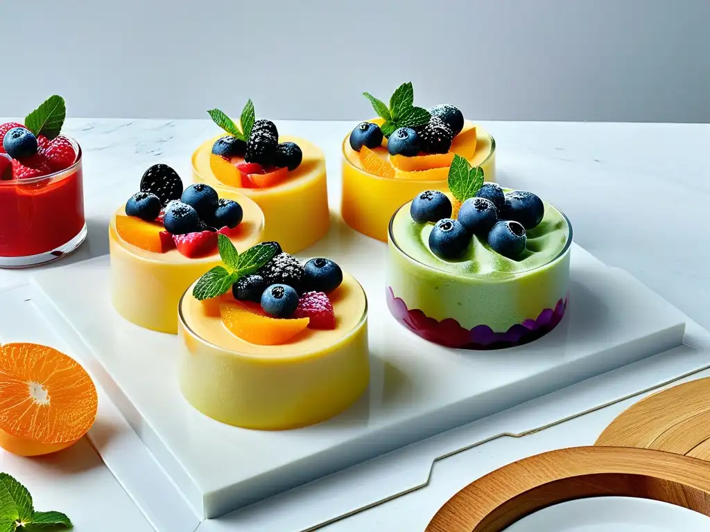 Deliciosos postres refrescantes para barbacoas de verano: sorbetes de frutas en elegantes boles de cristal con menta y frutos rojos