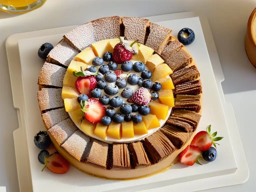 Deliciosos postres saludables para niños: coloridas tartaletas de frutas, muffins integrales y barritas energéticas de chía en plato blanco moderno