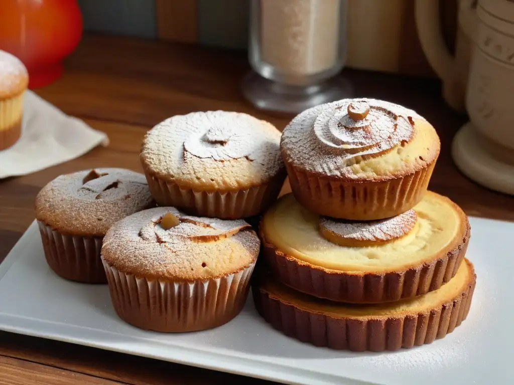 Deliciosos postres con semillas de lino: galletas y muffins recién horneados en una mesa de madera rústica