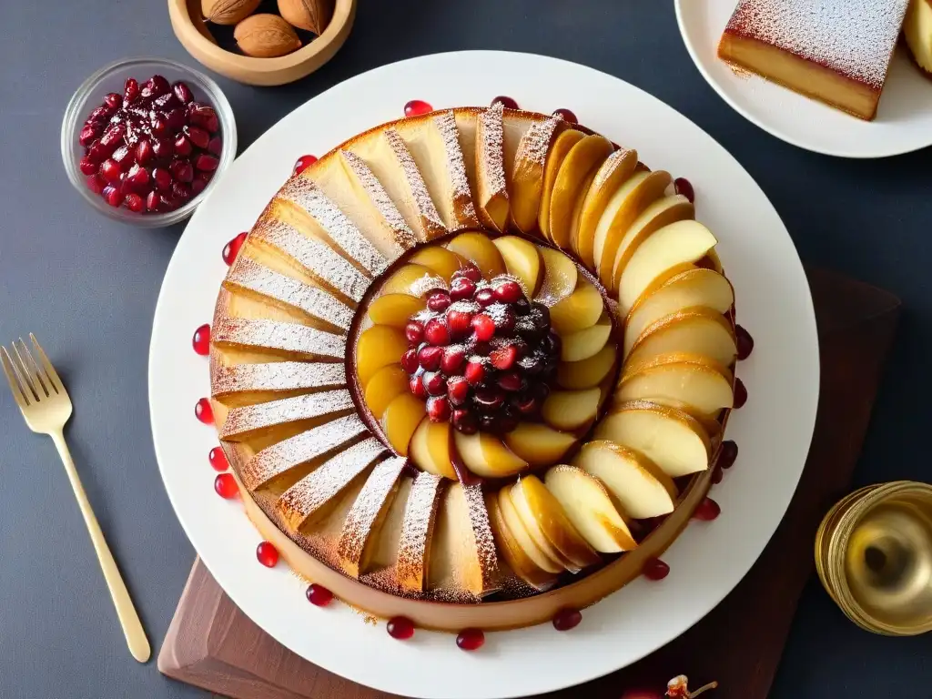 Deliciosos postres tradicionales de Rosh Hashaná con miel, manzanas y granada, adornados con almendras y canela