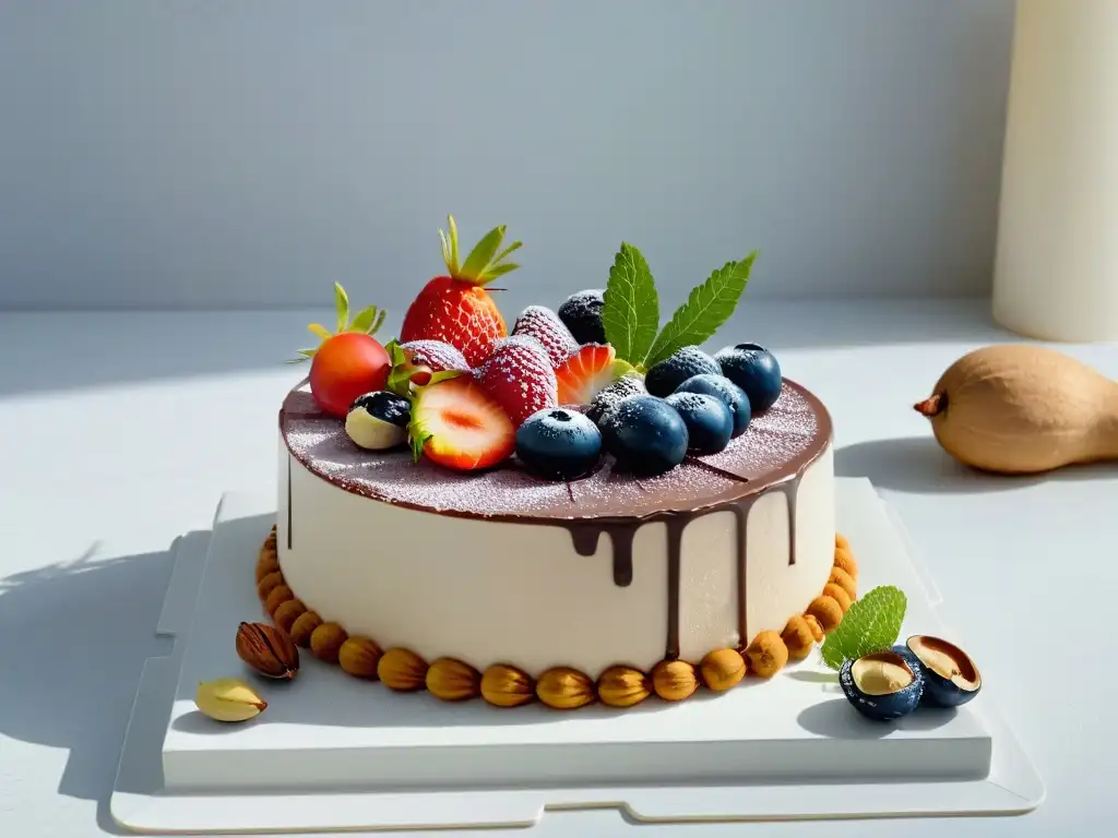 Deliciosos postres veganos con análisis nutricional, llenos de color y sabor en un elegante plato de mármol