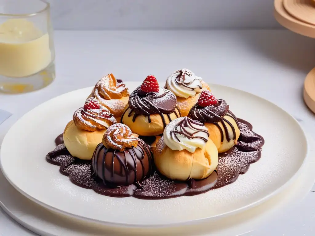 Deliciosos profiteroles dorados con crema de vainilla y chocolate, decorados con frambuesa, sobre mármol blanco