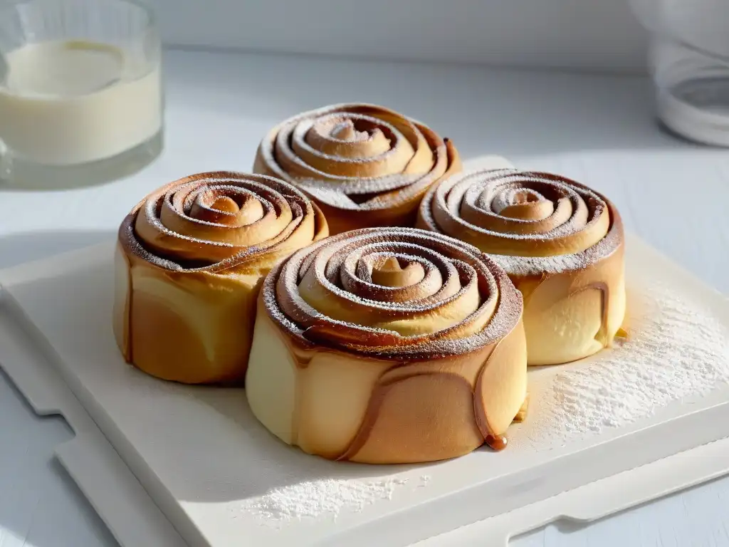 Deliciosos rollitos de canela recién horneados, esponjosos y dorados, en un plato moderno, evocando confort y indulgencia