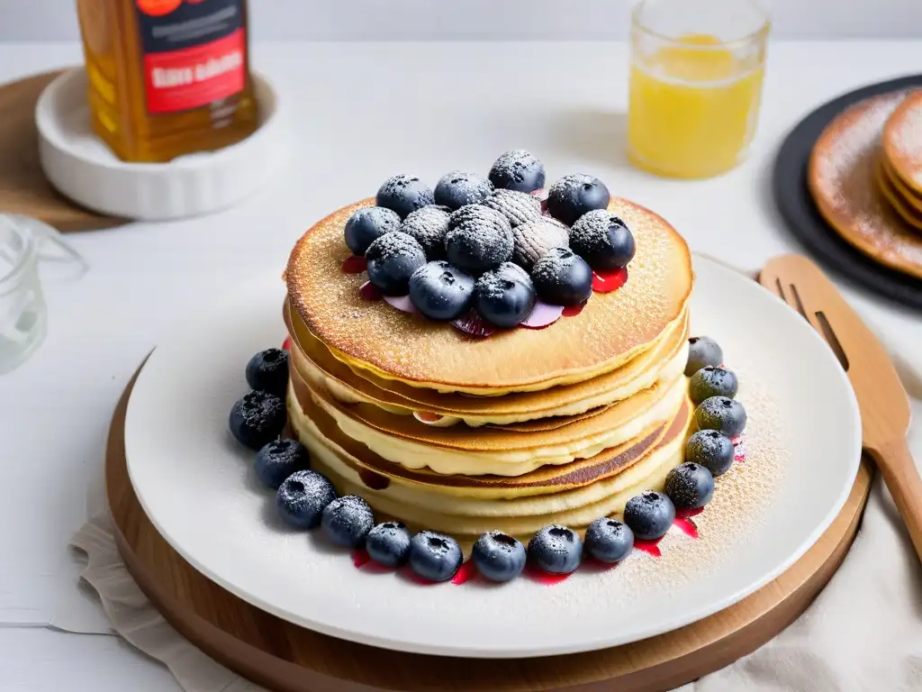 Deliciosas panquecas keto con bayas frescas Deliciosos pancakes keto con bayas y sirope sin azúcar en plato blanco sobre fondo neutro