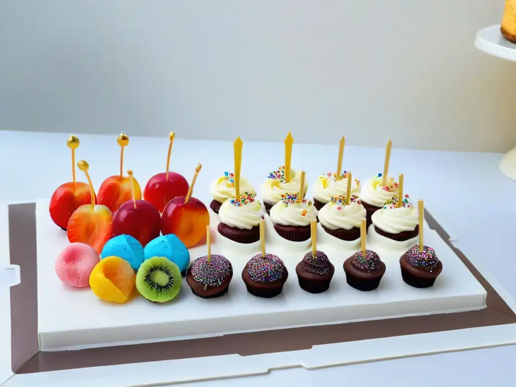 Deliciosos snacks dulces para fiestas de pijamas: brochetas de frutas, malvaviscos y cupcakes coloridos en plato blanco elegante