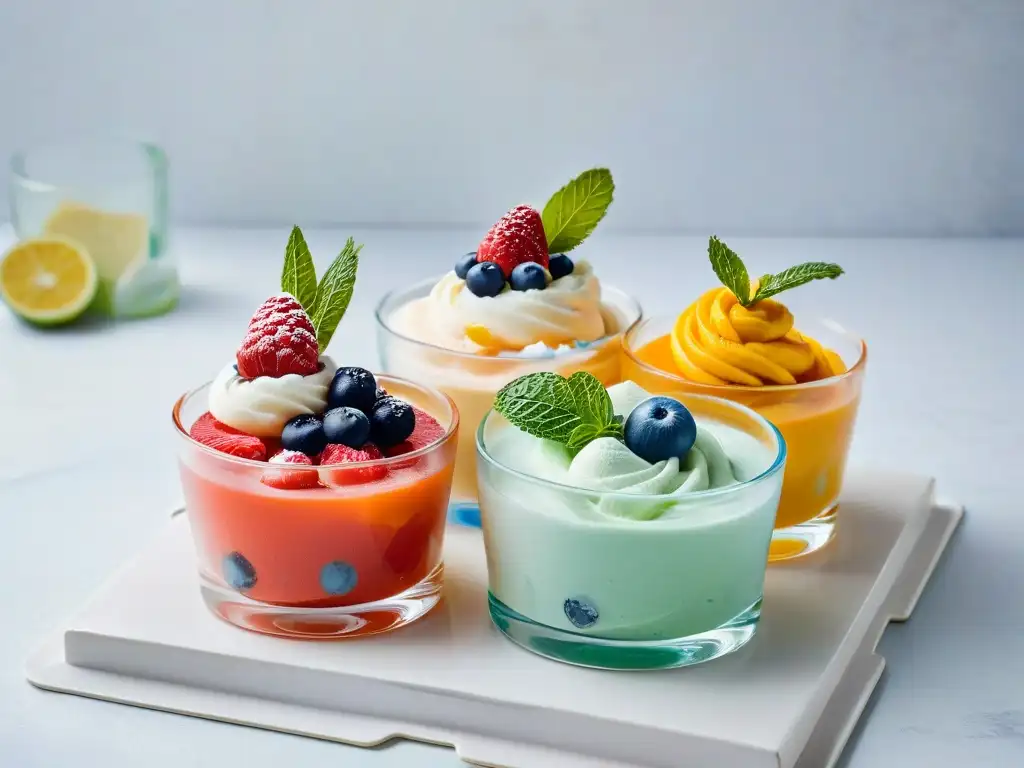 Deliciosos sorbetes y helados caseros en cuencos de vidrio, decorados con menta y frutas, sobre encimera de mármol