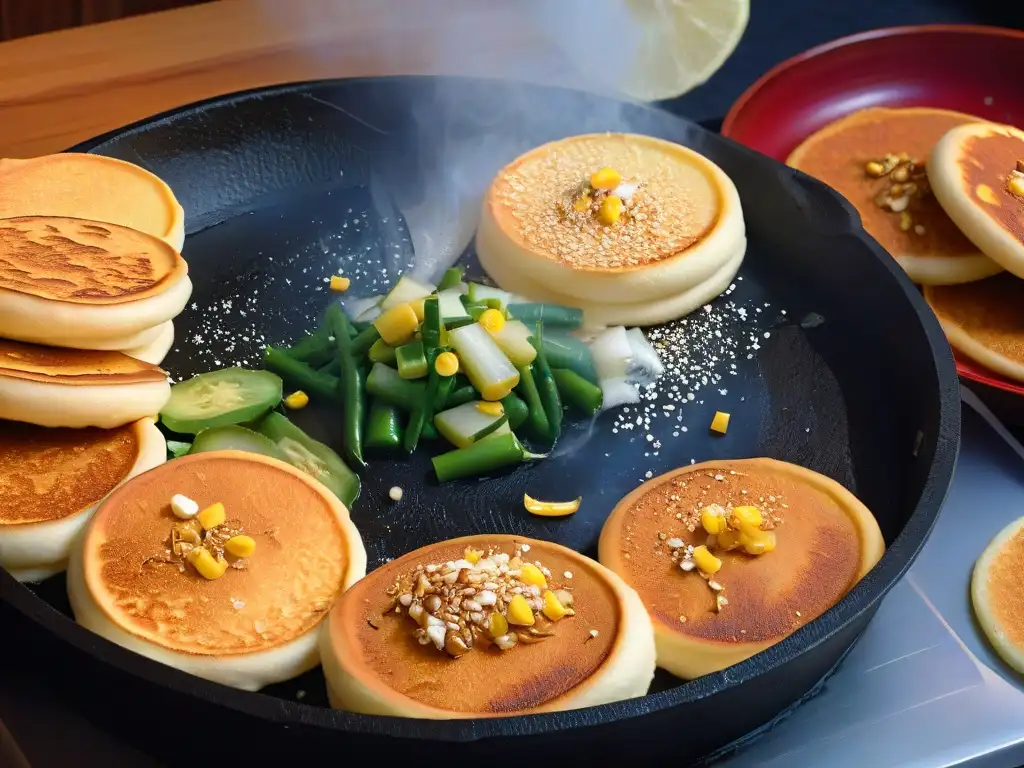 Delicias tailandesas: Khanom Krok dorados y coloridos Deliciosos Khanom Krok tailandeses con toppings coloridos, cocinados a la perfección en sartén de hierro
