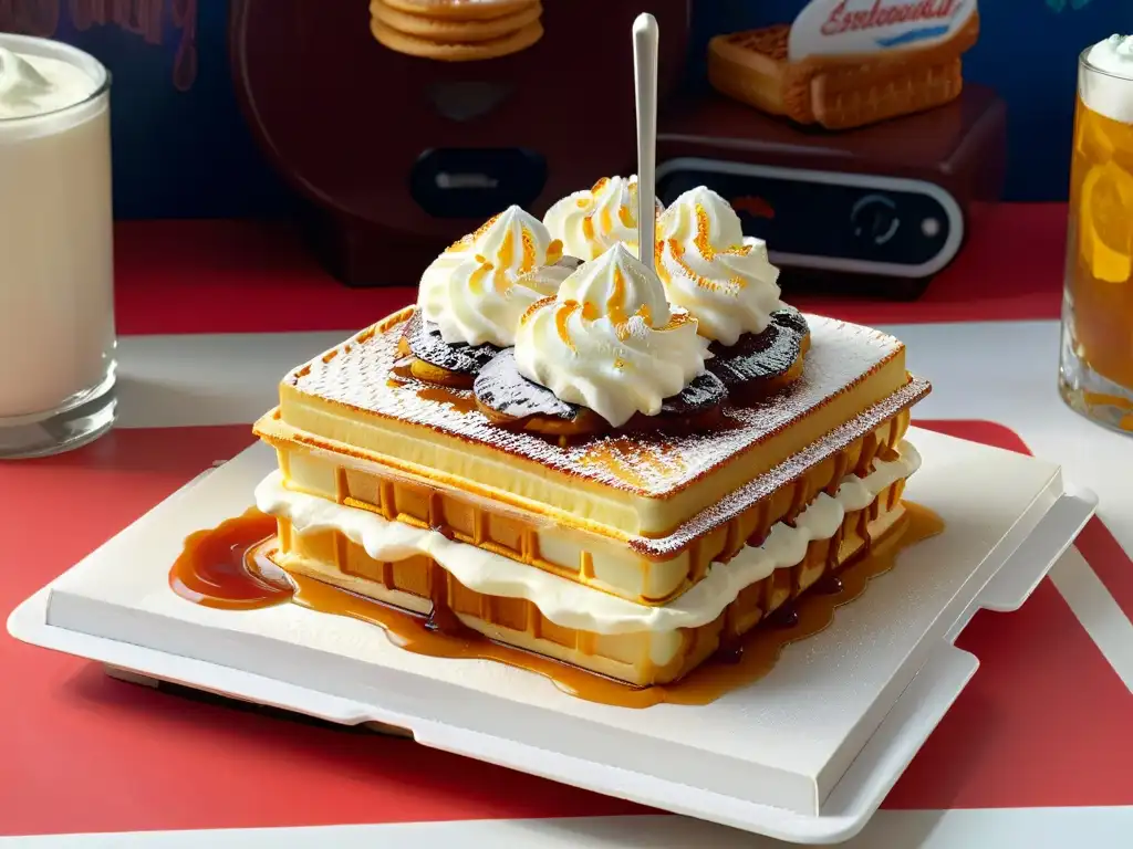 Deliciosas waffles doradas con crema y sirope en ambiente retro Deliciosos waffles dorados con crema batida y sirope, evocando un diner de los 80 al estilo Stranger Things