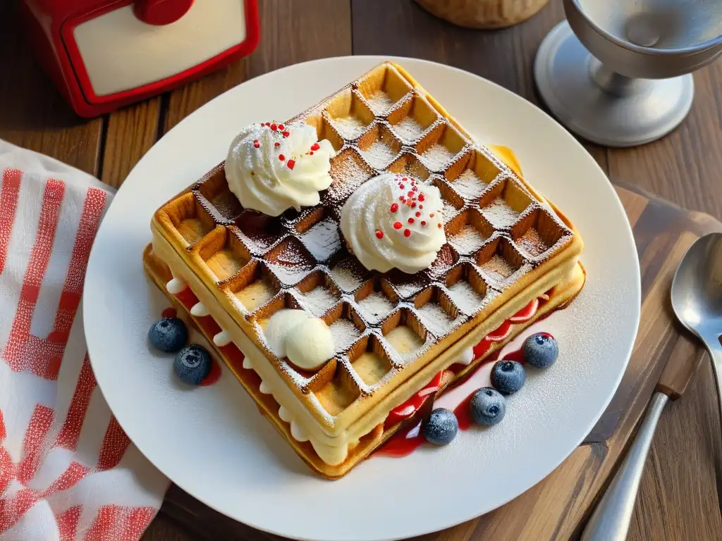 Deliciosos gofres con helado y estrellas en mesa rústica Deliciosos waffles dorados con helado, jarabe y chispas en una mesa rústica